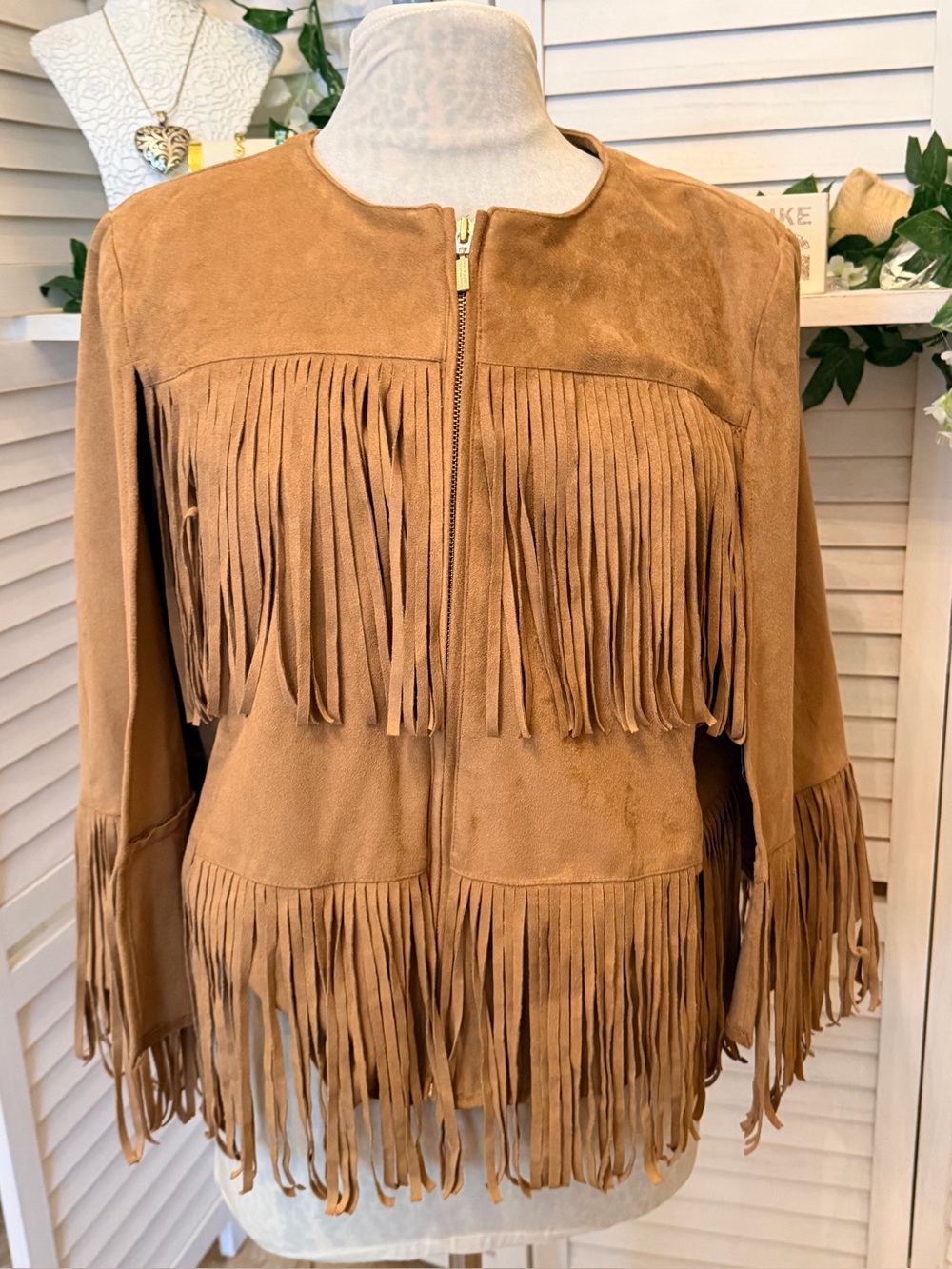 Black Label by Chico’s Faux Suede Tiered Fringe Jacket / Vest / Cape Cognac NWT